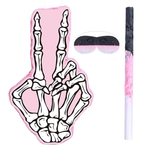 Nezyo Bad Two The Bone Piata Party Favors Pink White Skull 2nd Piata with Stick Blindfold Bad 2 The Bone Birthday Decorations for Rock and Roll Music Themed Party Decorations Supplies