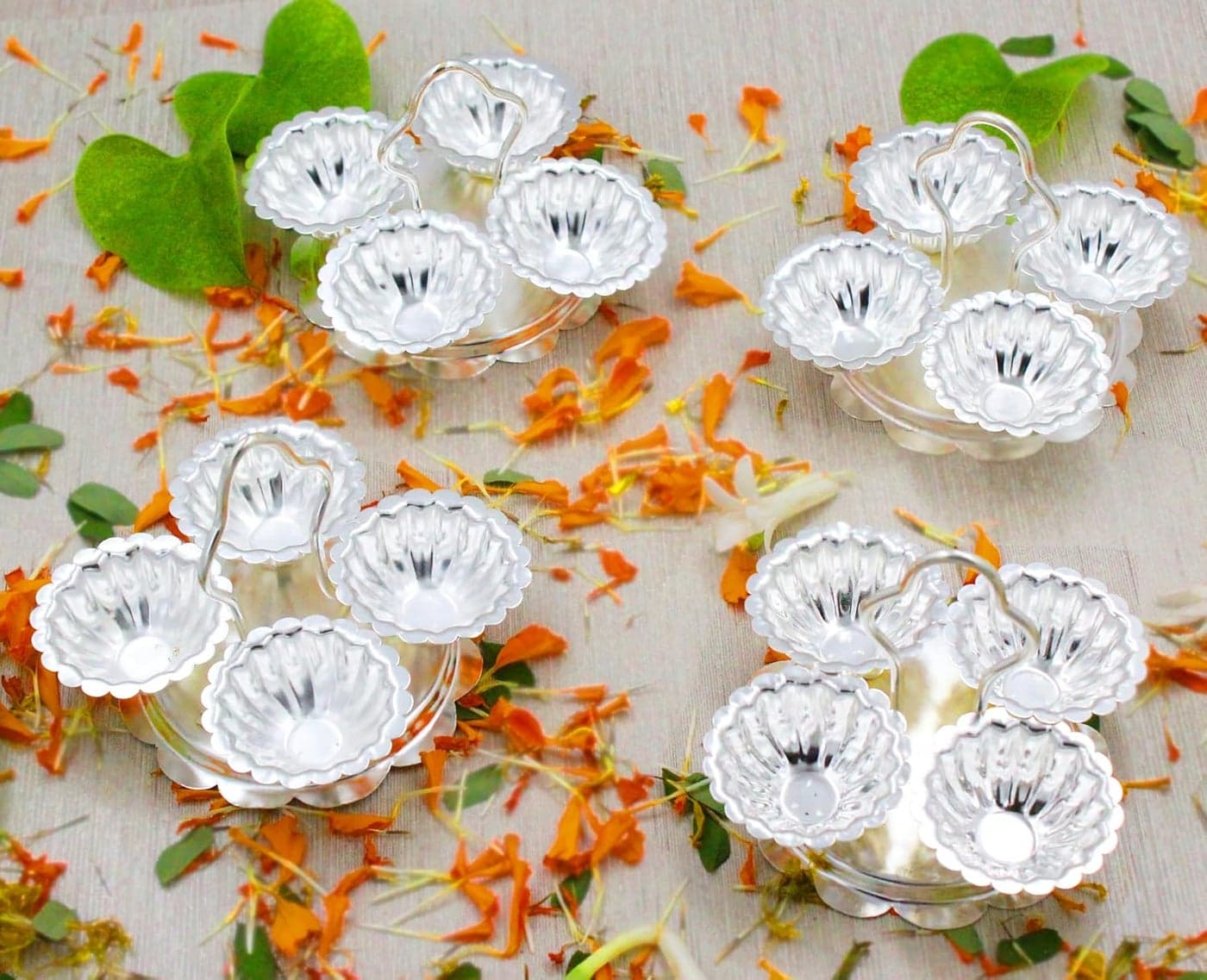 Ojas Silver Plated Modak Chowmukha Set Of 4Chawal Akshat Box MultiPurpose Sindoor Box Pooja Items Storage Box with Silver Finish HomeOffice Temple Set Of 4Silver Plated85x85x70116gm
