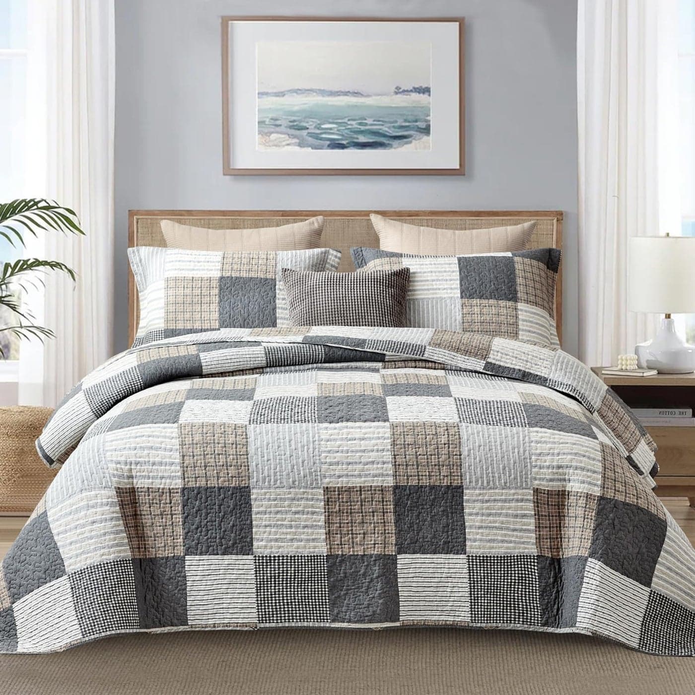 Finlonte Twin Size Quilt Set 100 Cotton Twin Size Comforter Plaid Quilted Bedspread Farmhouse Country Bed Spread Lightweight Reversible Quilt Bedding Set AllSeason GrayBrownBlackWhite 3Pcs