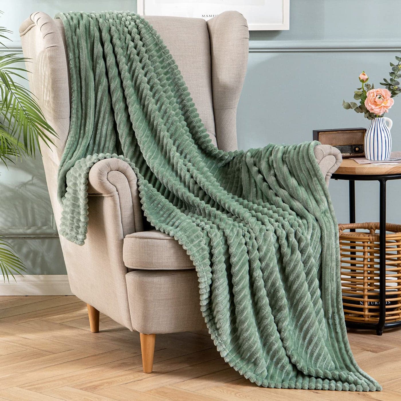 MIULEE Flannel Fleece Throw Blankets Soft Warm Comfortable Throws for Sofa Corduroy Fluffy Blanket Bed Throw for Bedroom Couch Travel Kids Bedroom Accessories 50x60Inch Matcha