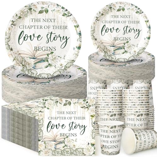 Zhehao 200 Pcs Bridal Shower Party Supplies Engagement Paper Plates Napkins Set for 50 Guests Spring Wedding Party Supplies Wedding Paper Plates with Flower (Next Chapter of Love)