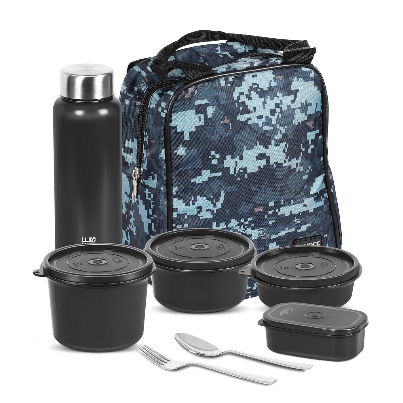Jaypee Plus Pro 1390 ml Stainless Steel Office Lunch Box | BPA Free, Microwave Safe & Spillproof Airtight 4 Containers | Includes Bottle, Spoon, Fork & Insulated Bag| Ideal for College & School(Black)