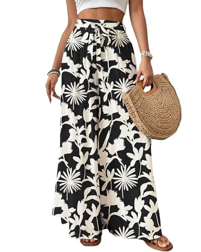 Bsubseach Wide Leg Pants Woman Flowy Floral Palazzo Pants for Women High Waisted Summer Casual Trousers Cruise Outfits Black Printed XL