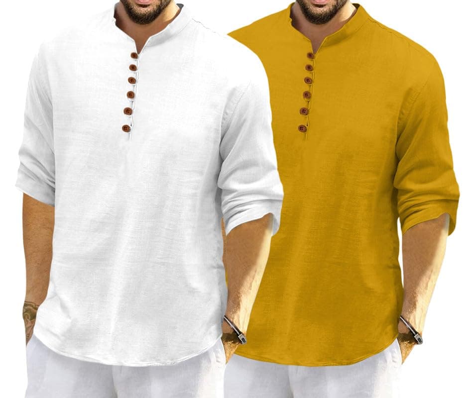 ROYALSCOUT Men's Cotton Polyester Blend Solid Regular Fit Full Sleeve Short Kurta | Ethnic, Lightweight Summer Kurta for Daily & Occasion Use White-Gold