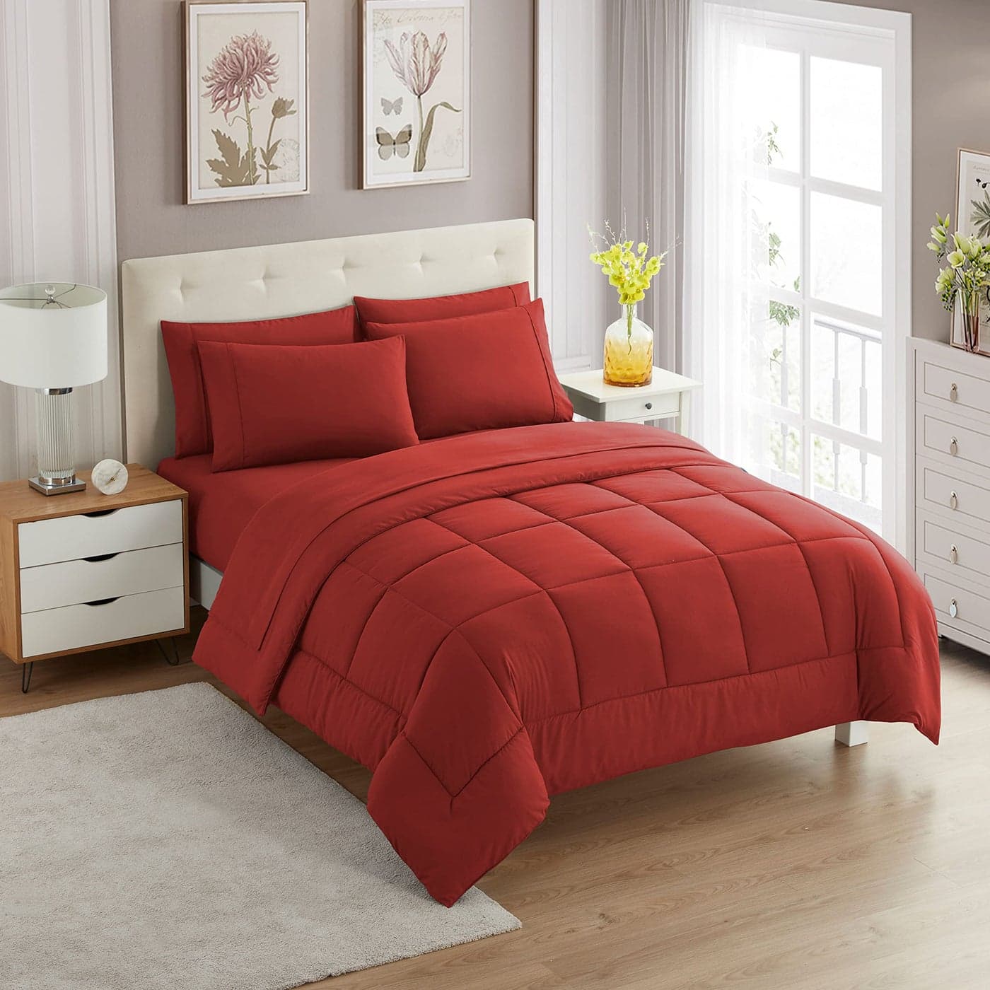 Sweet Home Collection 5 Piece Comforter Set Bag Solid Color All Season Soft Down Alternative Blanket Luxurious Microfiber Bed Sheets Red Twin