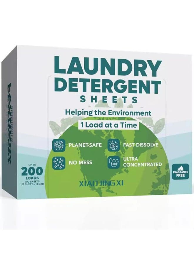XIAO JING XI Eco-Friendly Laundry Detergent Sheets | 100 Sheets for 200 Washes | Fragrance-Free, Ultra-Concentrated Formula | Quick-Dissolves, No Residue | Travel-Friendly | Family Pack Laundry Detergent Sheets