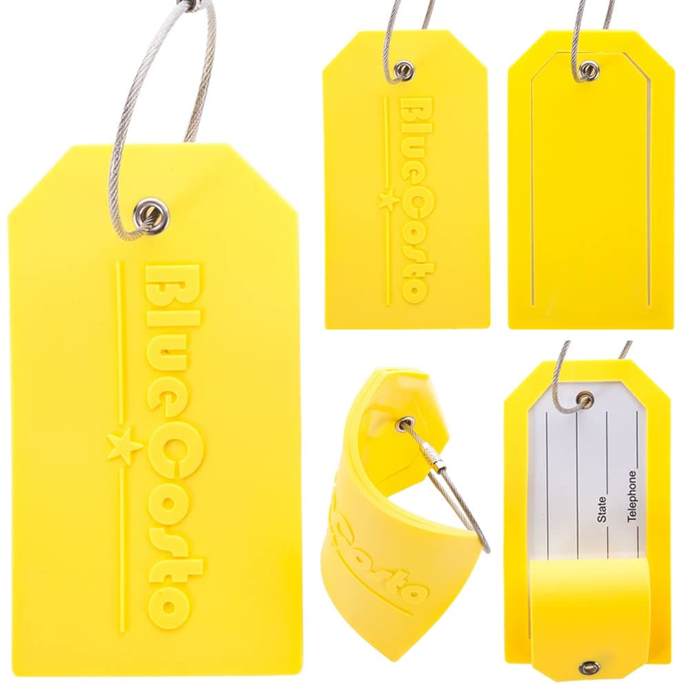 BlueCosto - Luggage Tags - Large, Yellow, 5 PK - PVC Suitcase Tags w/Privacy Cover & Stainless Steel Wire Loops - Personalized Baggage Identifiers for Travel - Backpack Name Labels