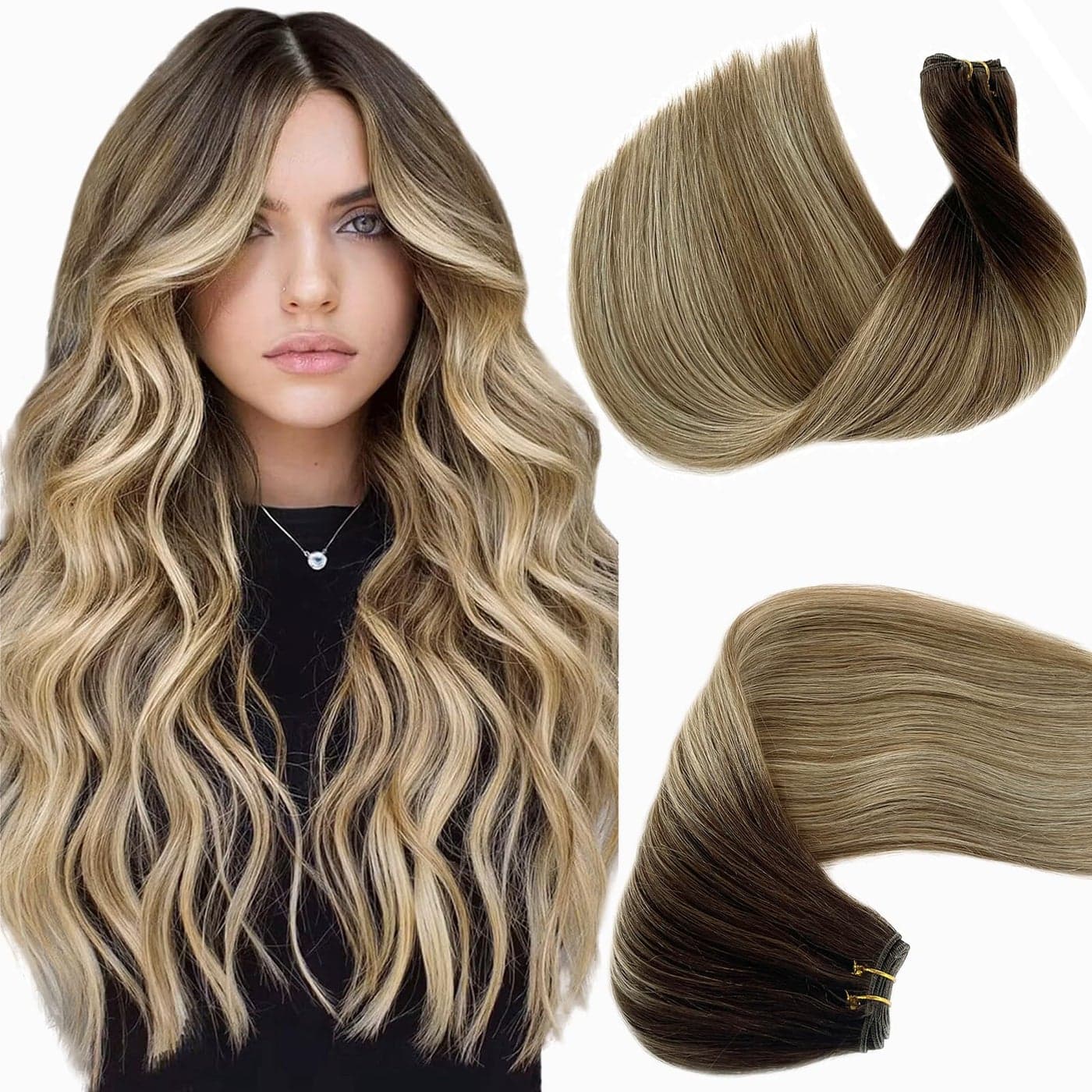 Sew in Hair Extensions Real Human Hair Weave Bundles Ombre Balayage Dark Brown to Bleach Blonde Sew in Hair Bundles Hand Tied Weft Hair Extensions Human Hair Wefts Sew in Remy Hair Extensions 12