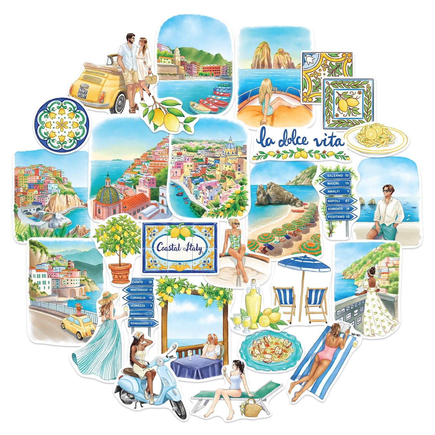 Navy Peony Coastal Italy Travel Stickers 29pcs Water Colour Waterproof Amalfi Summer BeachThemed Vacation Decals for Scrapbooks Waterbottle
