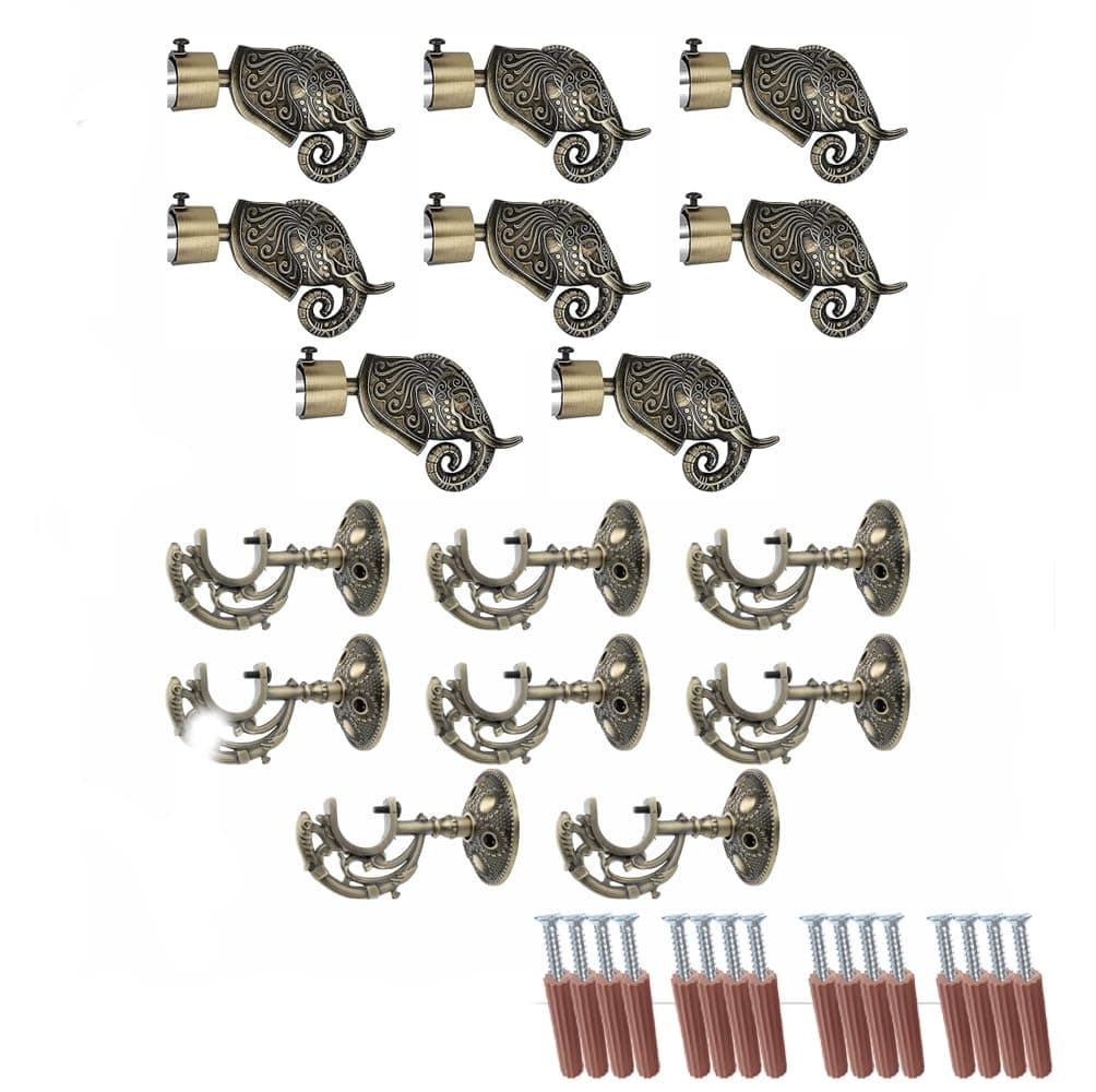 GLOXY Aluminium Rajwada Elephant Shape Antique Curtain Brackets with Support 1 Inch Rod Pocket Finials Designer Window(4 Pair) - Stylish, Durable Window Decor Solution for Elegant Home Interiors