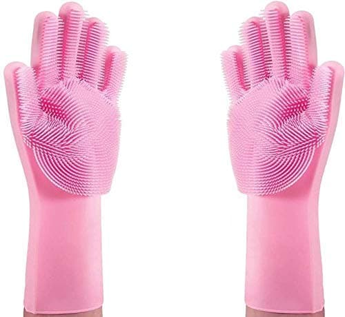 SEASPIRIT Silicone Scrubbing Gloves, Dish washing, Kitchen cleaning, Bathroom Cleaning, Car Cleaning, Pet Grooming gloves (Multicolor,Pack of 2)