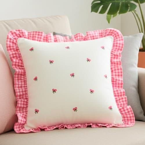 Sleepy Threads Pink & White Cotton Cushion Cover | 16 x 16 inch/ 40 x 40 cm | Square Floral Embroidered with Ruffle Frill Edging Throw for Sofa, Living Room, Bedroom, Deewan, Couch