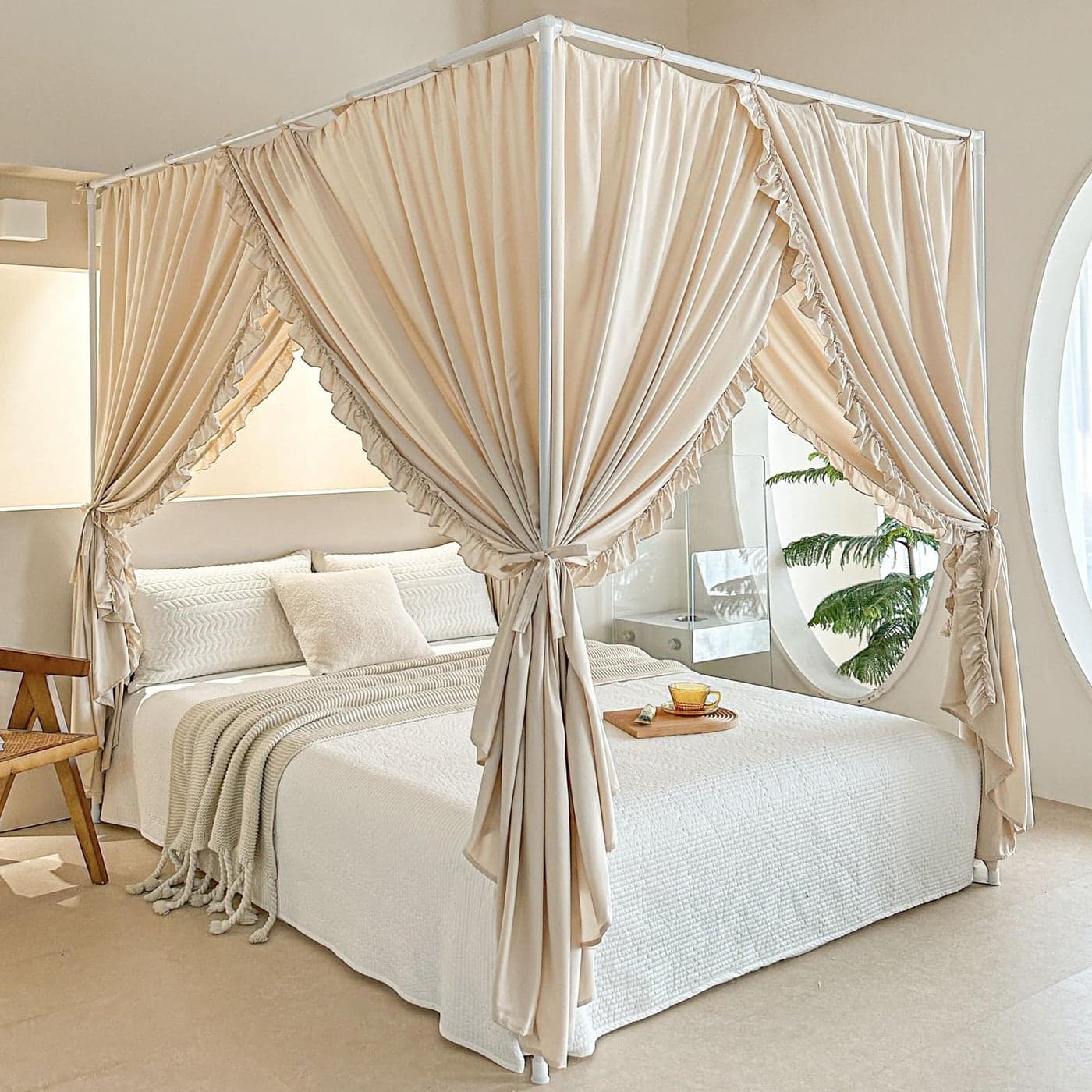 AIKASY Princess Canopy Bed Curtains with Top Ties Windproof Lightproof for Girls Adult Bedroom Decor Bed Canopy Drapes KingKhaki