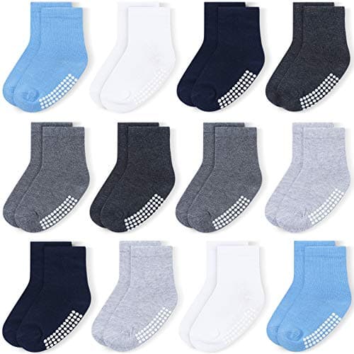 JAKIDAR 12 Pack Baby Toddler Socks Non Slip Grip Cotton Crew Socks for Boys Girls Infants Kids, Sky Blue, 12-24 Months