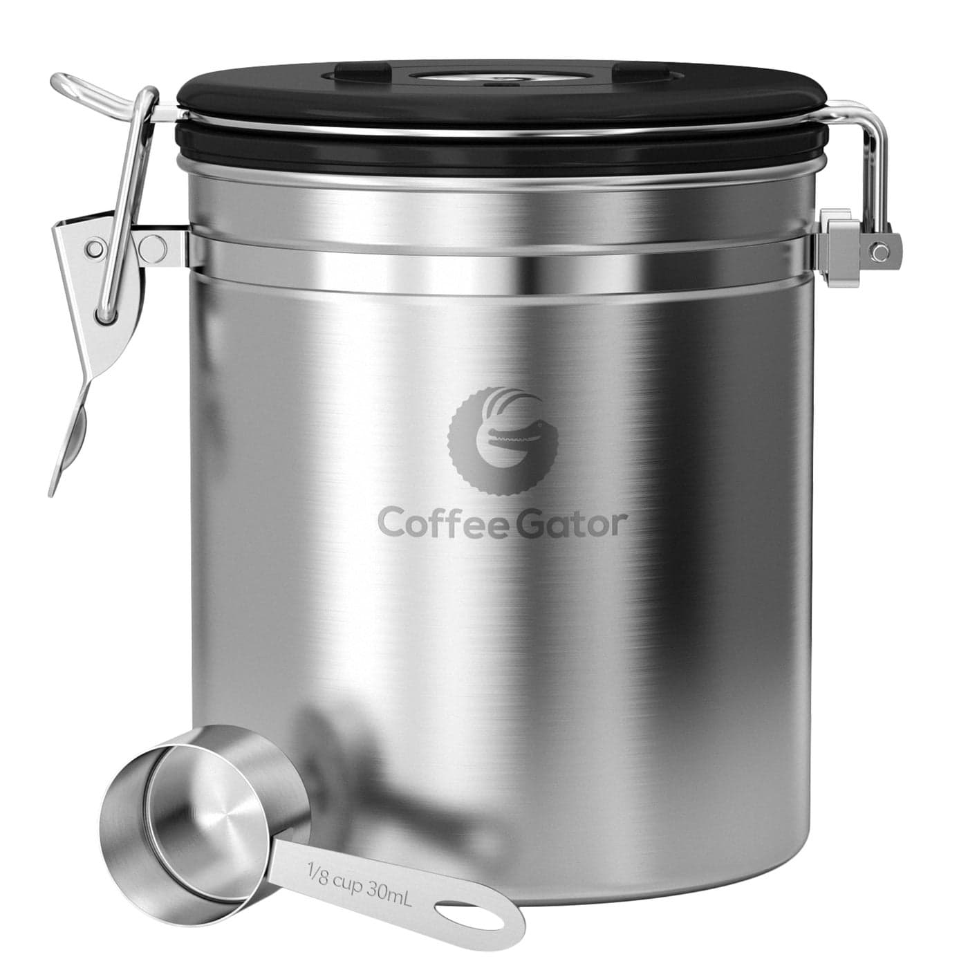Coffee Gator Coffee Canister 16oz Airtight Stainless Steel Kitchen Food Storage Container with Date Tracker Scoop for Grounds Bar Accessories BeansTea Sugar Flour Coffee Lover Silver