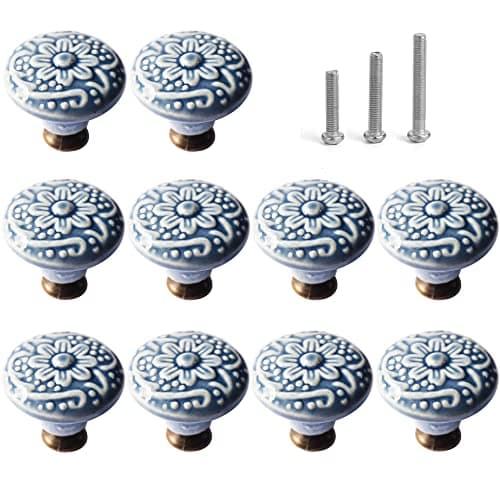 Perphin 1-2/5 inch Ceramic Kitchen Cabinet Knobs for Drawer Dresser Pulls Round Dresser Drawer Handles and Pulls for Home Furniture Decor Ceramic Handles with 3 Size Screws (10, Blue)