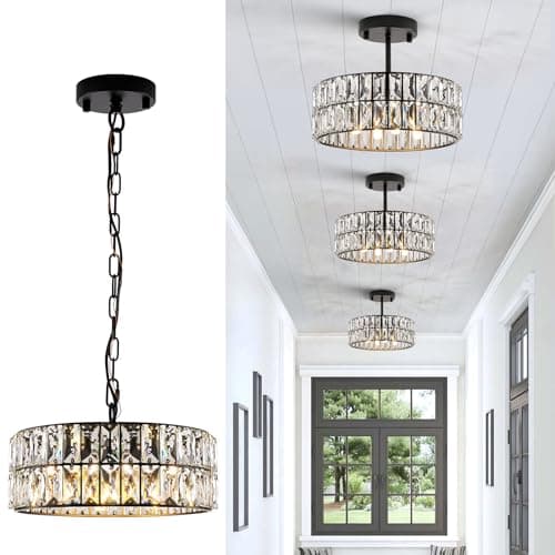 Crystal Pendant Light 4-Light Modern Black Chandelier Small 12” Crystal Semi Flush Mount Ceiling Light Round for Kitchen Island Foyer Hallway