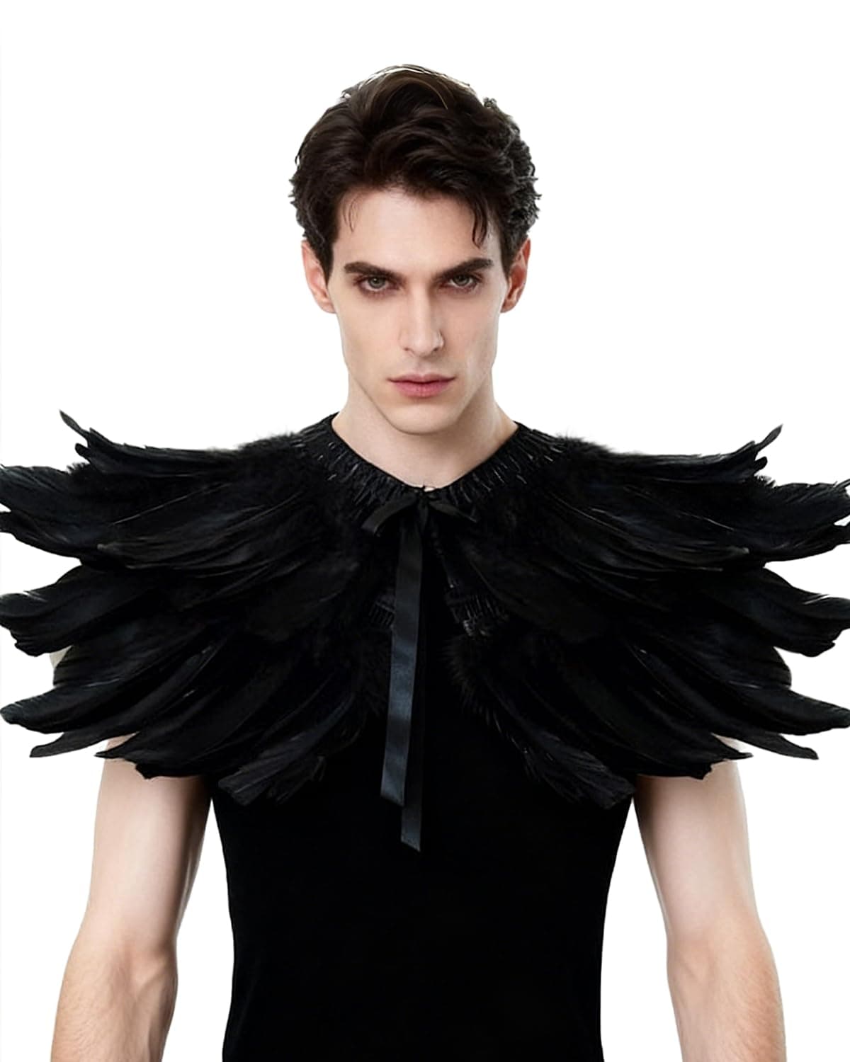 L'VOW Men' Gothic Natural Feather Shrug Shawl Cape Stole Collar Halloween Costumes (Black-05)