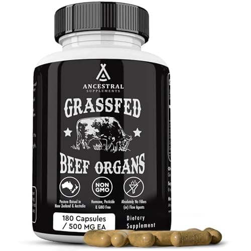 Ancestral Supplements Grass Fed Beef Organ Supplement Supports Whole Body Wellness with Proprietary Blend of Liver Heart Kidney Pancreas Spleen FreezeDried Beef NonGMO 180 Capsules