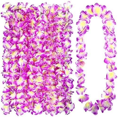 Hoteam 24 Counts Purple Hawaiian Leis Necklace Tropical Flower Lei Floral Luau Party Decorations Hawaiian Flower Luau Necklaces Hula Dance Garland Headbands for Beach Birthday Wedding Party Favors
