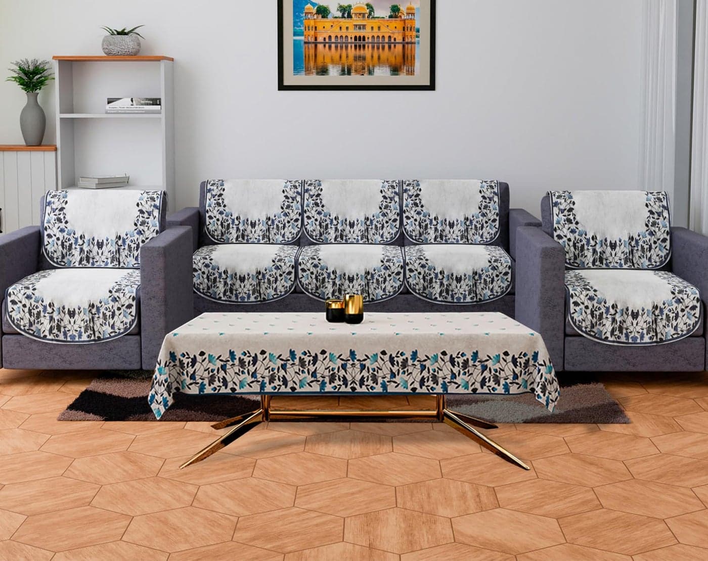 Kuber Industries Sofa & Center Table Cover Set - Blue Digital Leaf Velvet 5 Seater for Living Room - Gray