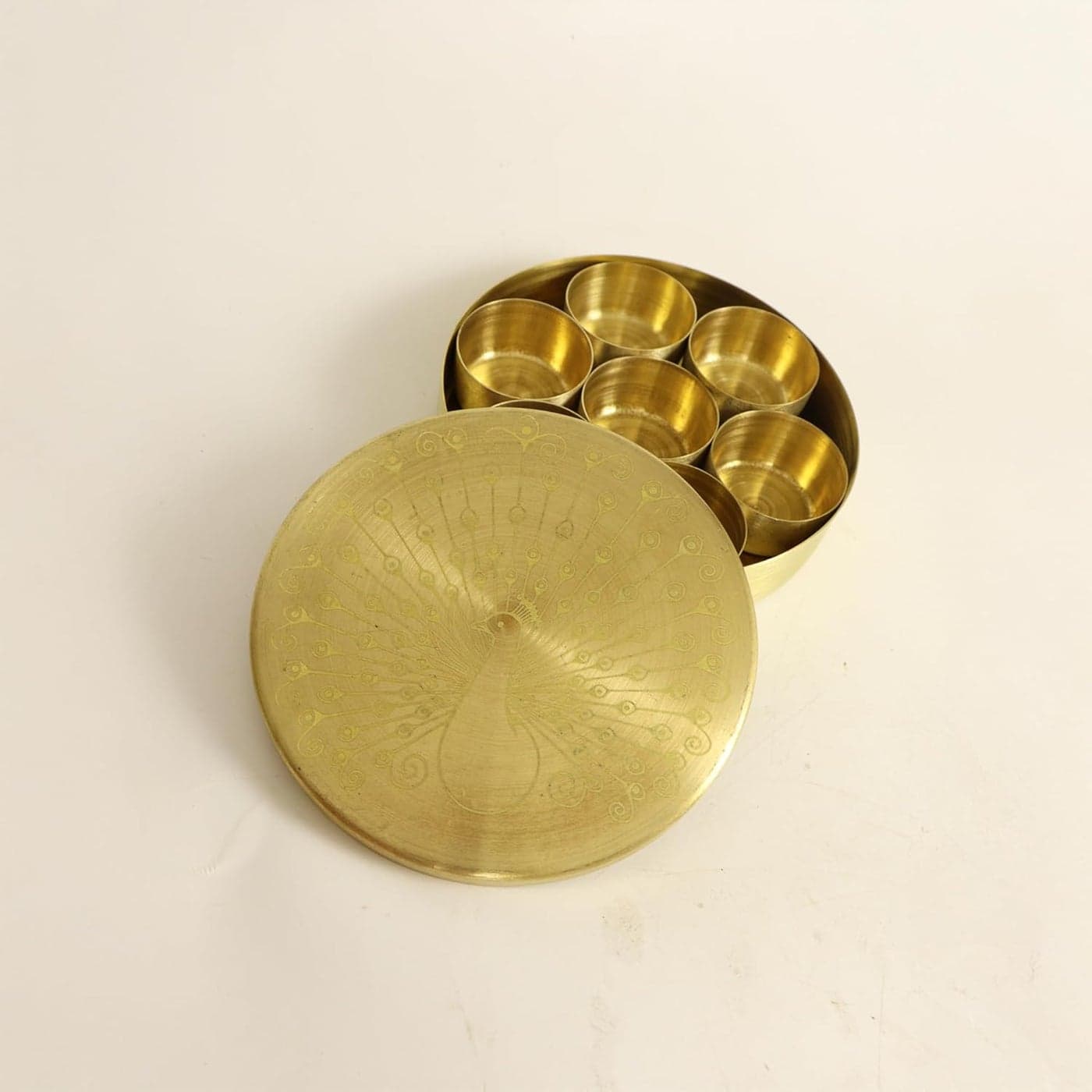 Putrika Brass Mini Spice Box Set For Kitchen With SpoonBrass Masala BoxMasala Dani Masala Dabba Spice Container Peacock Masala Box Size 5 Matt Finish