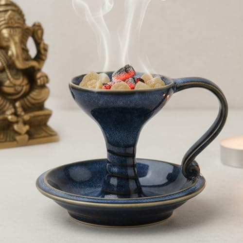 Bodhi House Ceramic Dhuna Loban Burner – Round Dhooni Dhoop Dani | Traditional Table-Top Incense Burner for Loban & Dhoop | Elegant Ceramic Home Fragrance Holder for Meditation, Puja & Purification