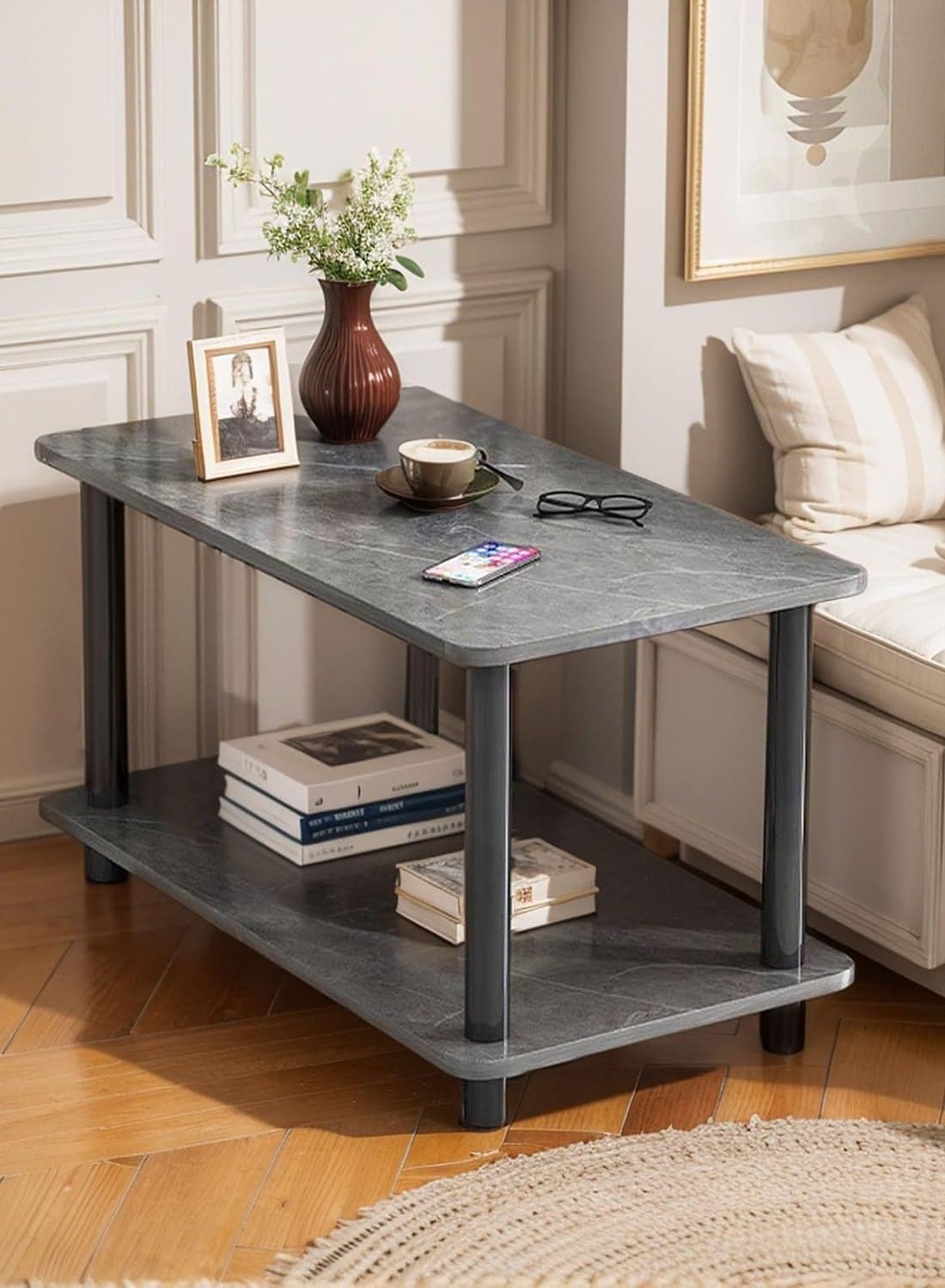 Coffee Table 2 Tier Wooden Coffee Table Modern Sofa Table with Open Storage Space Center Table Furniture Table for Living Room Office Bedroom Reception Room (60 * 30 * 53cm)