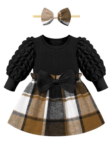 Qaoerde Baby Girl Dress Baby Girl Dresses 0-3 Months Puff Sleeve Brown Plaid Black Dress Baby Girls' Dresses Baby Dresses 0-3 Months Fall Winter Dress Thanksgiving Outfit