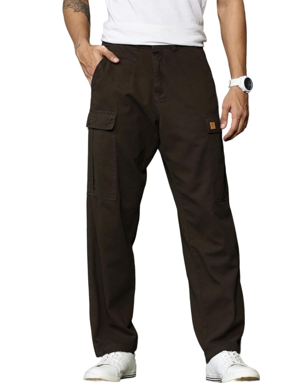 Thomas Scott Men's | Straight Fit | Mid-Rise | 100% Cotton | Solid | Button Closure | 7 Pockets | Woven | Cargo | Trouser (TSB030_DarkOlive_32) Dark Olive