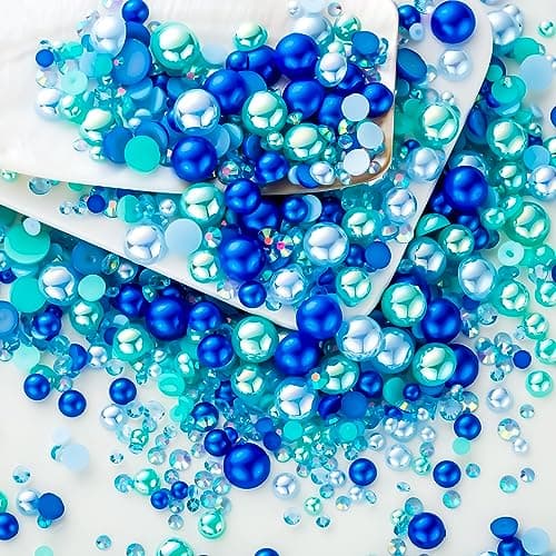 60g Cyan Blue Flat Back Pearls Rhinestones for Crafts Mixed Size 3mm10mm AB Color Round Half Pearls Flatback Pearl Beads and Resin Rhinestones Set for Face Art with Glue