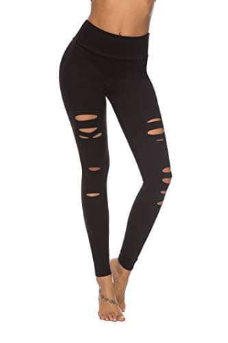 DIBAOLONG Womens High Waist Yoga Pants Cutout Ripped Tummy Control Workout Running Yoga Skinny Leggings Black M
