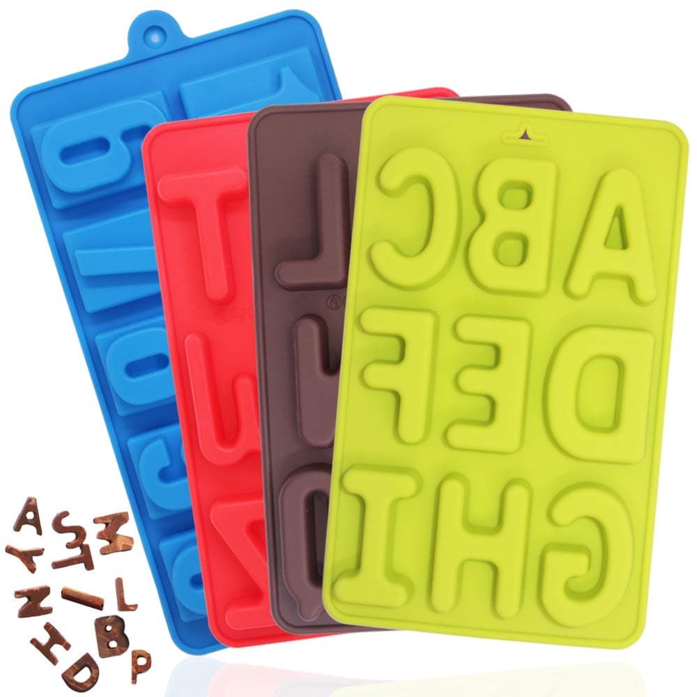 4 Pcs Silicone Numbers Alphabets Trays Molds FineGood 26 letters Numbers Candy Mould Biscuit Chocolate DIY Baking Pans Ice Cube Making Trays green brown red blue