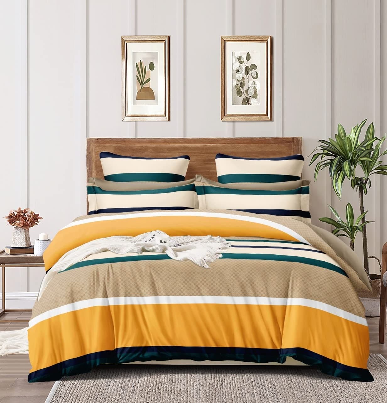 THE HOME STYLE Cotton Feel Glace Cotton Elastic Fitted Printed Double Bed King Size Bedsheet With 2 Pillow Cover(72"X72",Butterscotch),300 TC,Multicolor