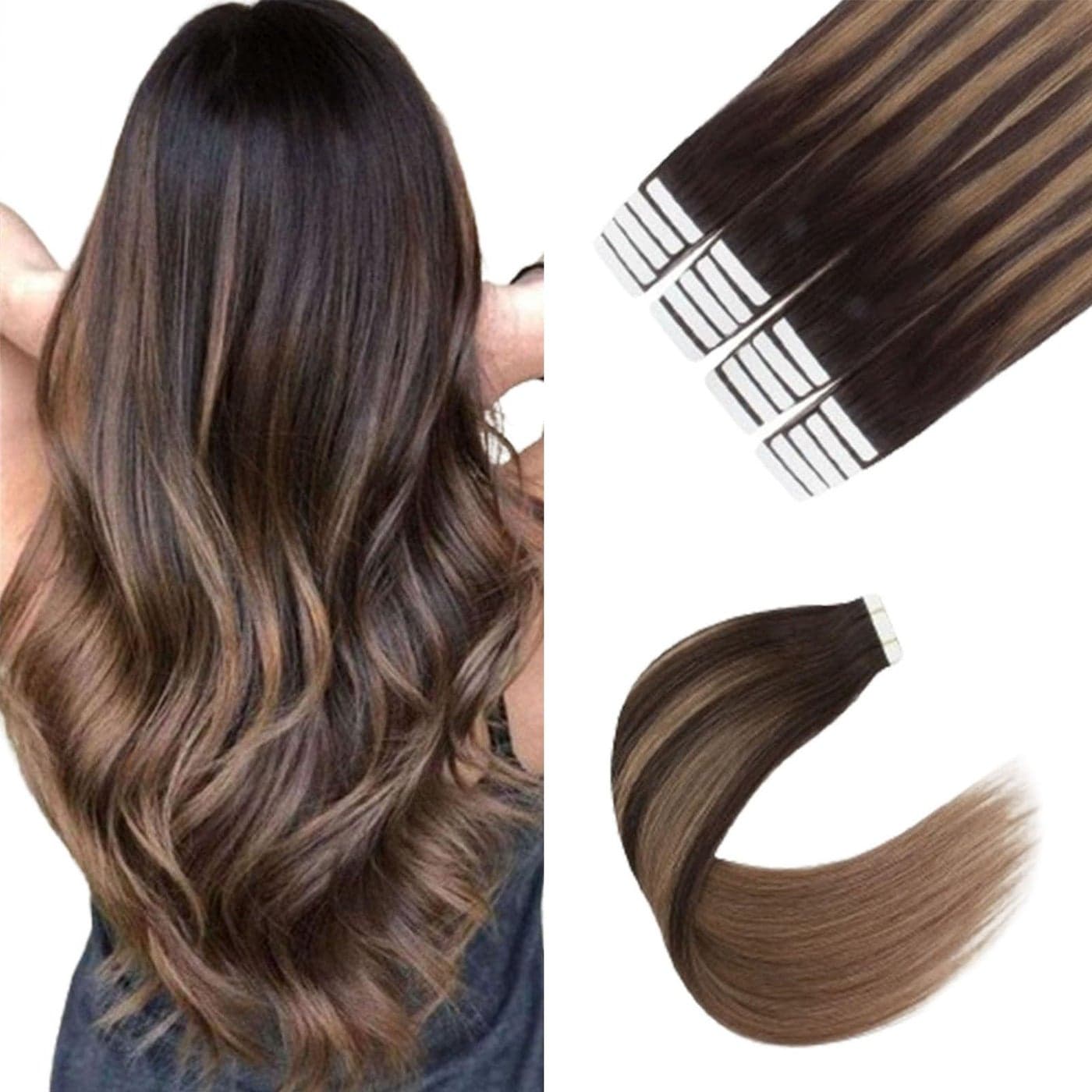 Sixstarhair Tape In Human Hair Extensions Balayage Tape in Extensions Dark Brown Fading to Chestnut Brown Remy Human Hair Ombre Hair Extensions and Piano Colors Color B26 16inch