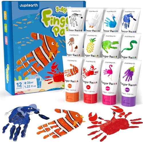 JUPITEARTH 28 PCS Finger Paint Baby Safe Paints for Hand and Feet Washable Paint for Kids NonToxic 12 Vibrant Colors 122fl oz36ml Palette Apron Brush Eye Stickers Safe Preschool Art Supplies for Kids