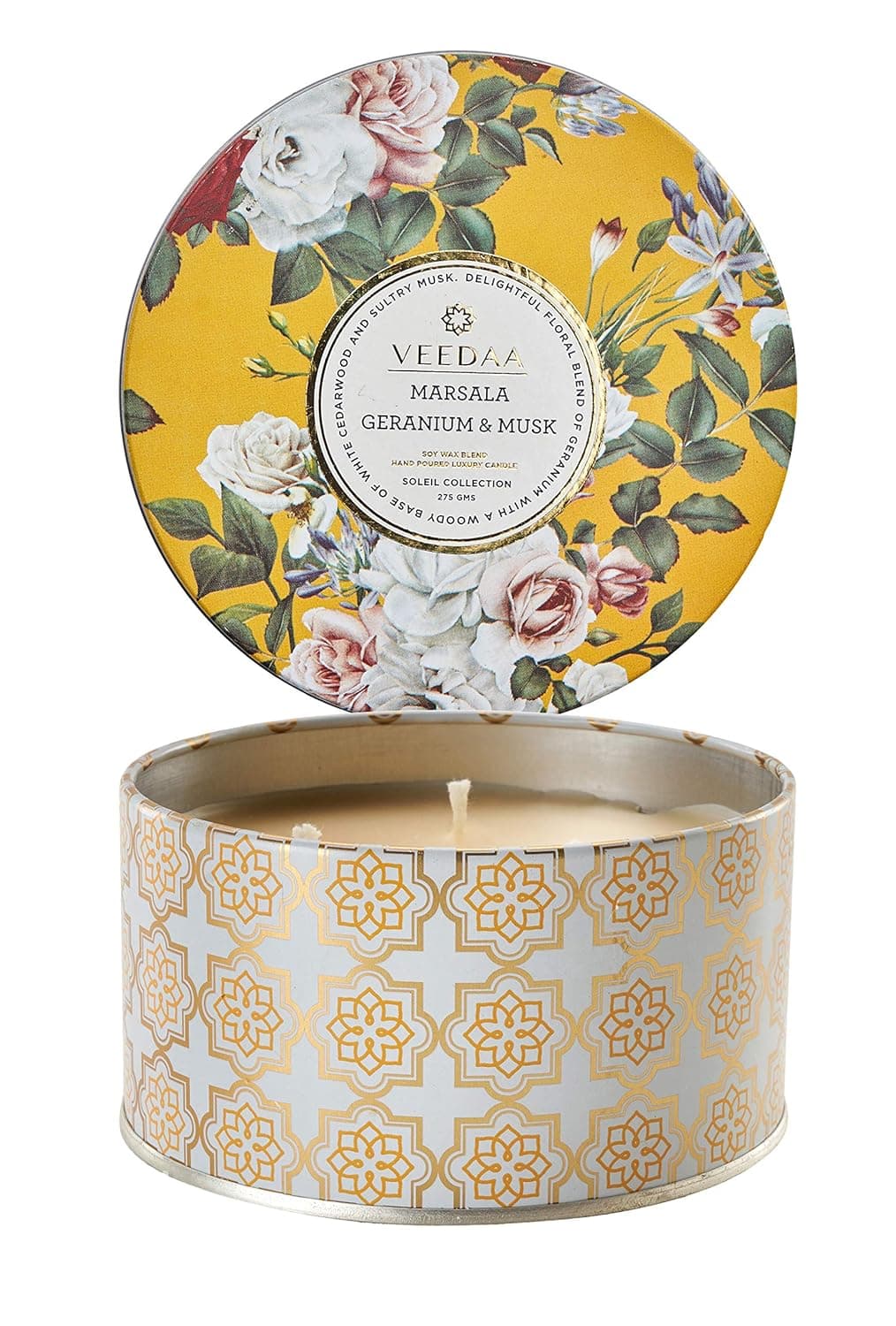 VEEDAA Marsala Geranium Musk 3 Wick Tin Soy Scented Candle Burns 40 Hours