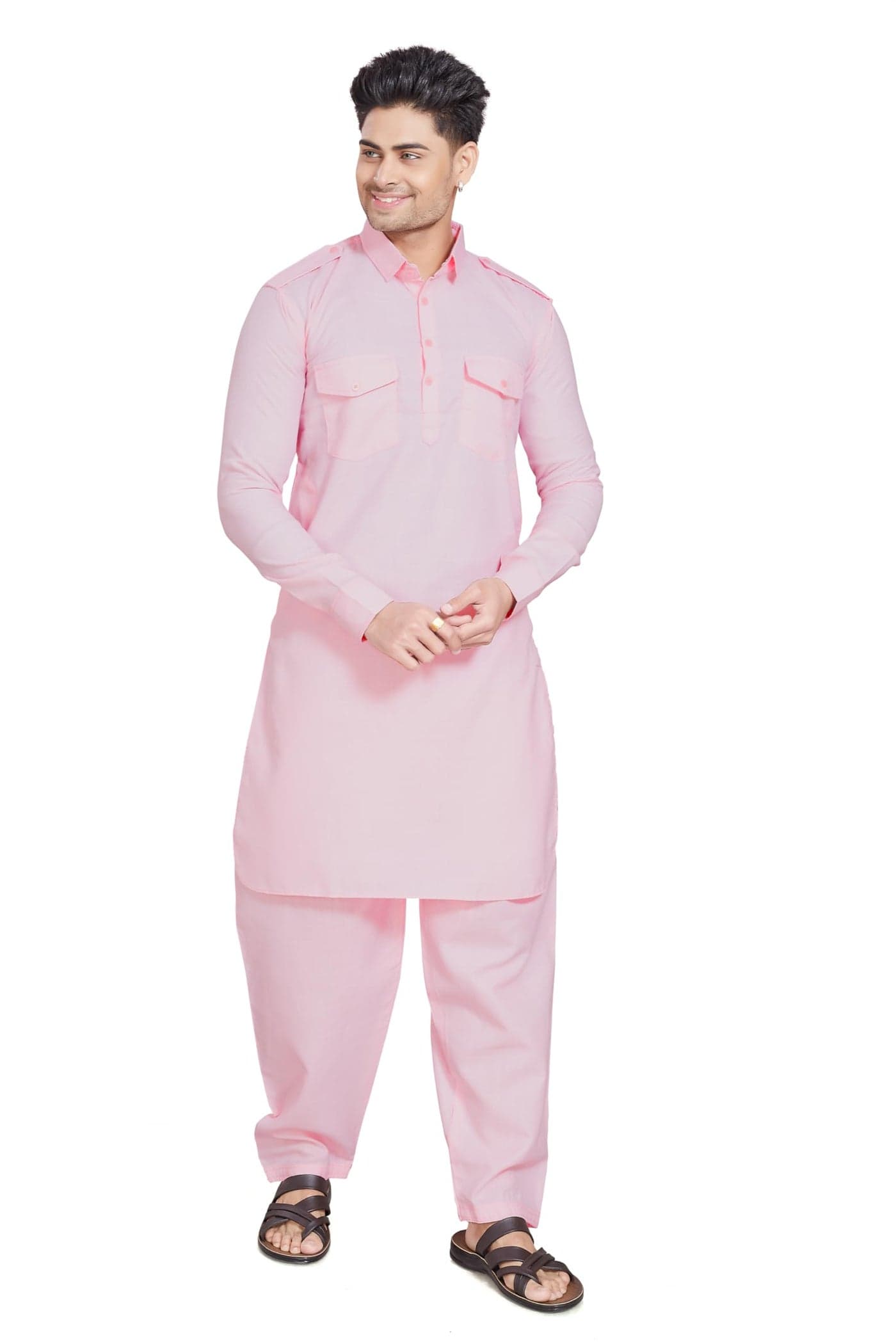 DIVISIVE Men's Cotton Blend Pathani Kurta Pyjama Set (DKRT462_M_Pink)