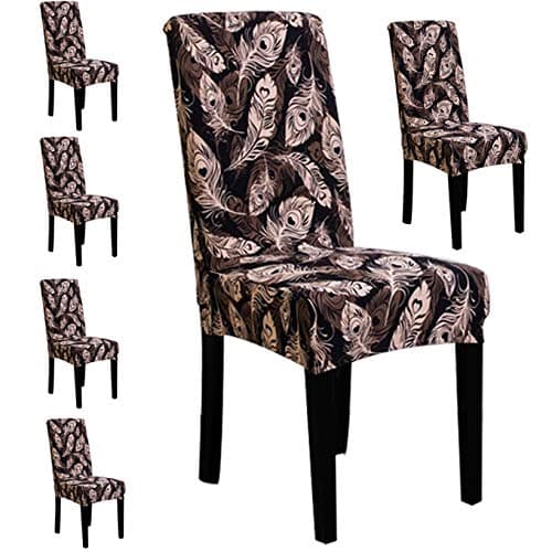 Styleys Polyester, Spandex Stretchable Printed Washable Elastic Dining Chair Covers - Pack of 6, SLMC2020 Brown Peacock Feather