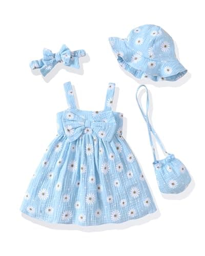 18 Month Girl Dresses Sleeveless Causal Summer Dress Toddler Girl Clothes 18-24 Months Big Bow Blue Daisy Flower Sun Dress with Hat Cute Floral 24 Month Girl Outfits