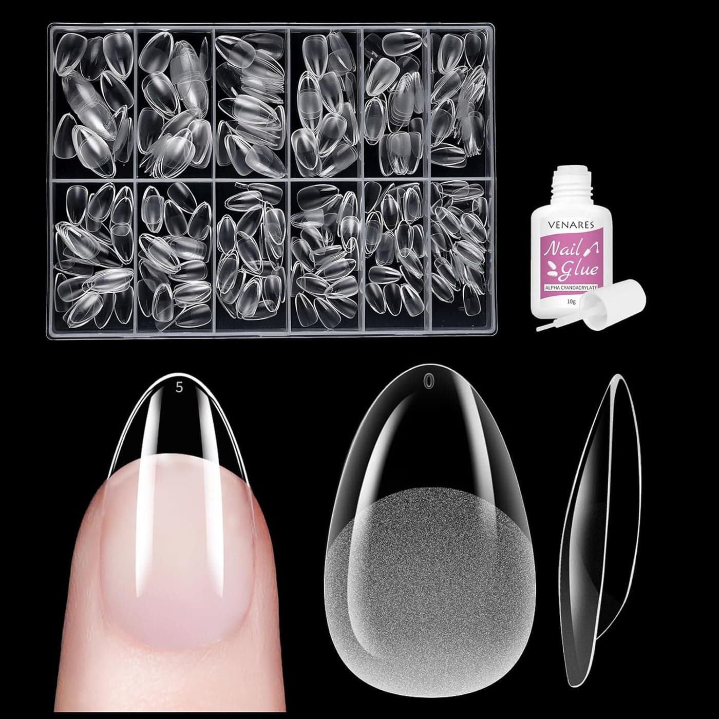 Short Almond Nail Tips 500Pcs Clear Acrylic Tips for Gel Extensions 12 Sizes Soft Full Cover False Nail Kit