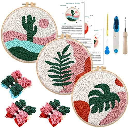 Anidaroel 3 Sets Punch Needle Kits - Beginner Adults Kit with Fabric, Hoops, Yarns and Sewing Needles