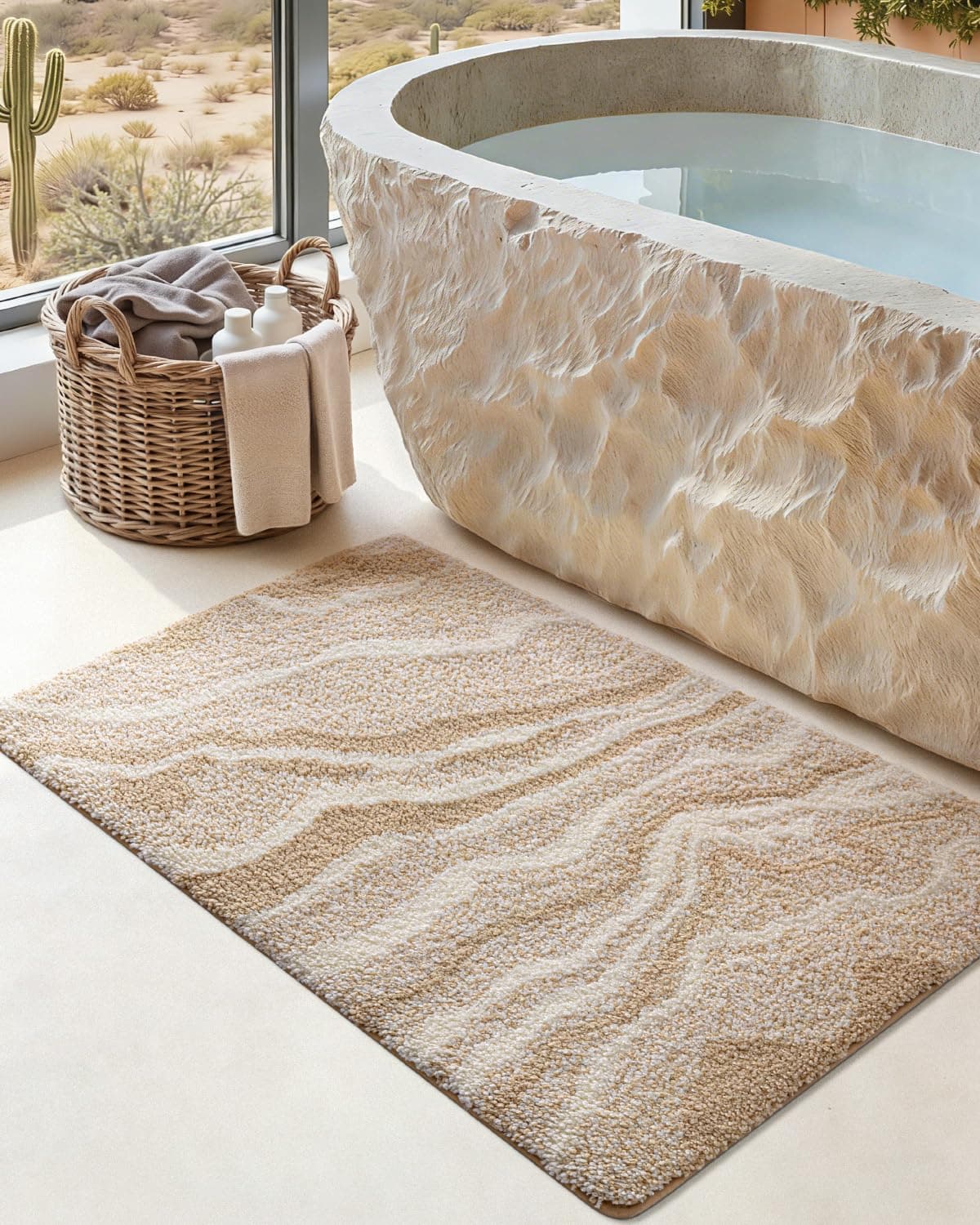 DEXI Bathroom Rug Mat 17x30, Soft and Absorbent Marble Bath Mat, Non Slip Machine Washable Bath Rugs for Shower Floor, Tub, Sink, Beige