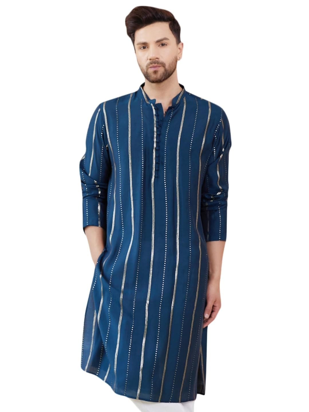 See Designs Men Full Sleeve Side Slit Teal and Gold Chanderi Silk Sequins Mandarin Collar Kurta - SD2KT_2429L