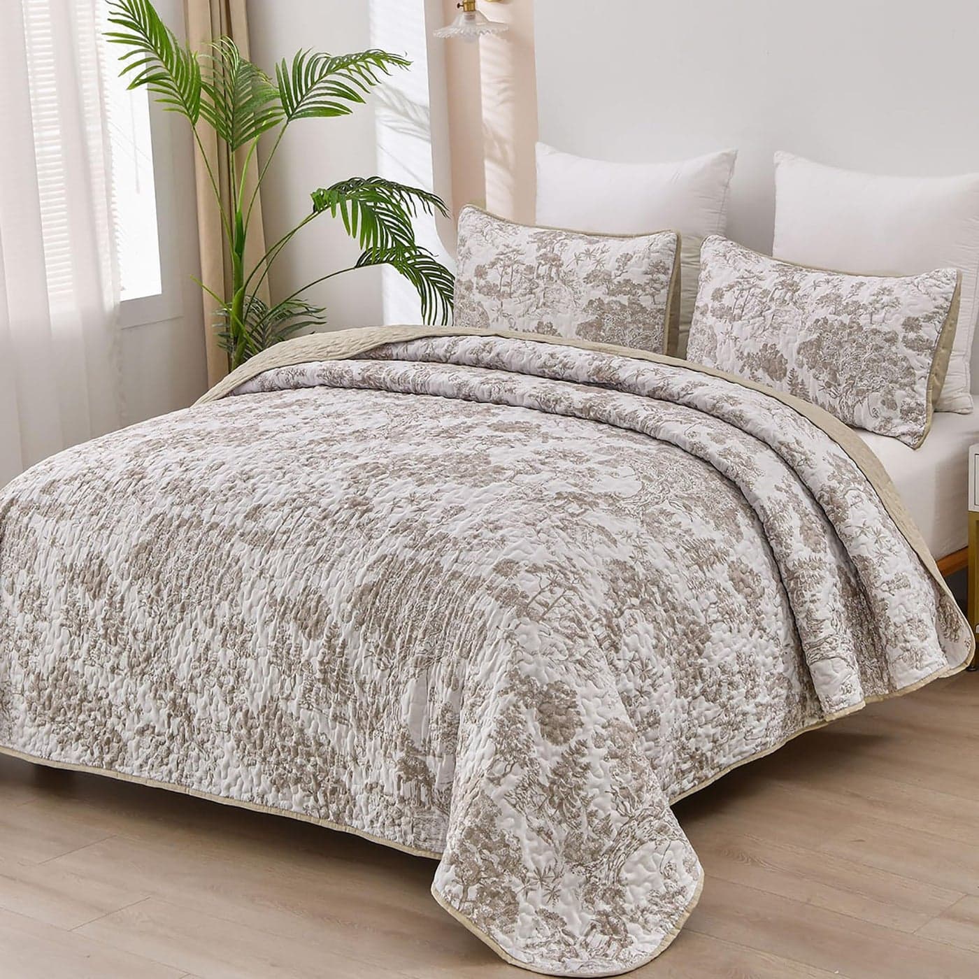 WONGS BEDDING Botanical Quilt Set King Floral 3 Pieces Khaki Plants Printed Bedspread Bedding Set Brown Soft Lightweight Microfiber Coverlet Set for All Season 104x90