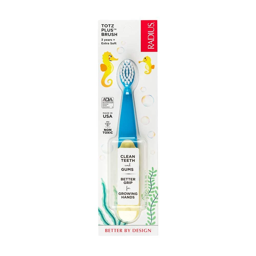 RADIUS Totz Plus Brush Kids Toothbrush Silky Soft BPA Free ADA Accepted Designed for Delicate Teeth & Gums for Children 3 Years & Up - BlueYellow - Pack of 1