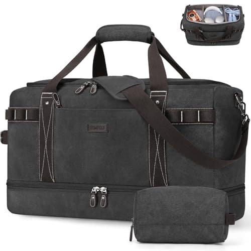 ZOMFELT Travel Duffle Bag for Men, 45L Waterproof Canvas Overnight Duffel Bag with Removable Dividers & Shoe Compartment, Carry On Weekender Gym bag, Multi-Pocket & Vintage Design (Washed Black)