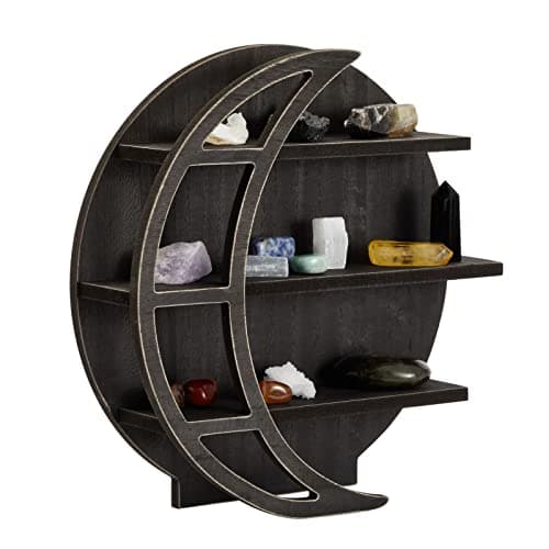 Farmlyn Creek Wooden Moon Shelf Polished Gothic Wall Decor Crystal Shelf Display Essential Oil Organizer Home Decor Accent 12 x 12 x 3 in Rustic Black