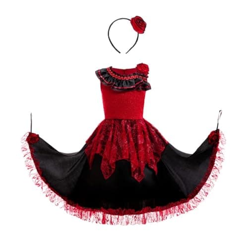 Dressy Daisy Girls Spanish Flamenco Dress Mexican Folklorico Costume with Hair Loop Shimmering Red and Black Dance Outfit for Cultural Celebrations Performances Kids Size 810