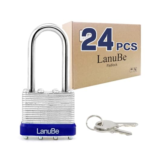 LanuBe Laminated Padlock 1-9/16inch (40mm) Long Shackle 24 Pack Keyed Alike, Blue Plastic Hoop, Bulk Locks for Warehouse, School